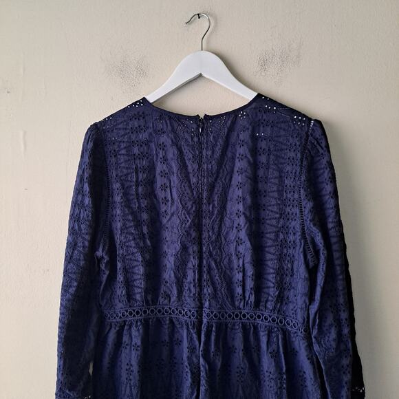 J. Crew Eyelet Lace Dress Long Sleeve Flutter Hem Mini Navy Blue Womens Size 12 - Picture 7 of 15